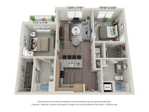 Floor plan for 2 beds, 2 baths, 1000 sqft